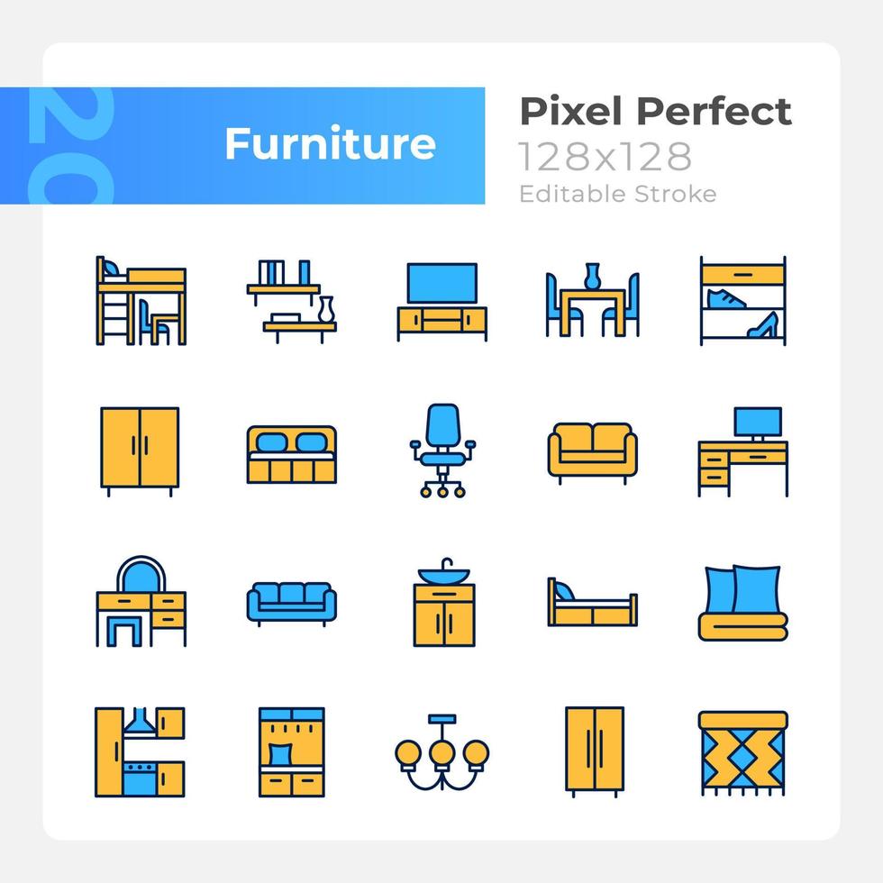 meubilair afdeling pixel perfect rgb kleur pictogrammen set. inrichting voor leven kamer, slaapkamer. huishoudartikelen. geïsoleerd vector illustraties. gemakkelijk gevulde lijn tekeningen verzameling. bewerkbare beroerte