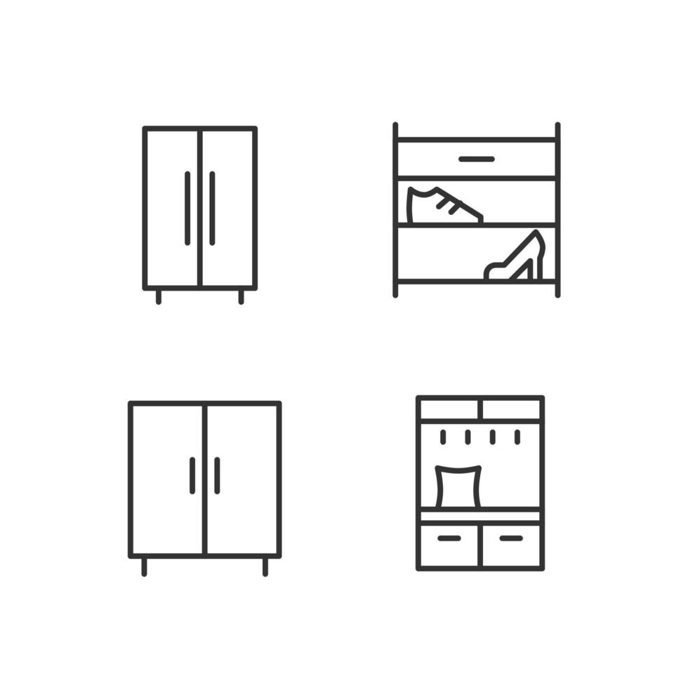 meubilair voor kleren en schoenen opslagruimte pixel perfect lineair pictogrammen set. opslagruimte kastje. schoen rek. garderobe. aanpasbare dun lijn symbolen. geïsoleerd vector schets illustraties. bewerkbare beroerte