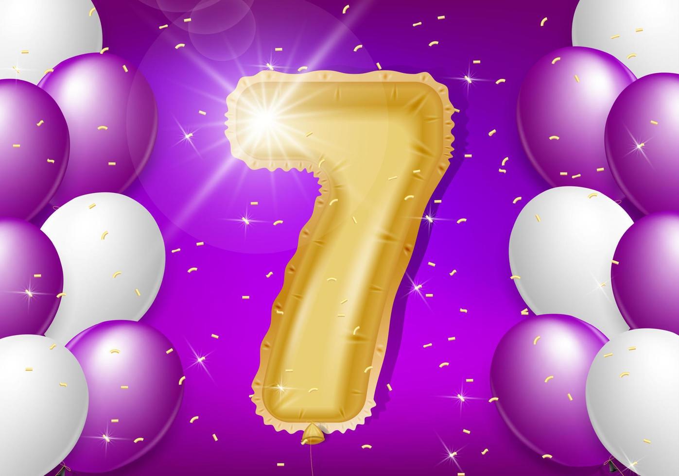 7e jaar verjaardag ontwerp met ballonnen en glimmend confetti, ontwerp elementen voor banier, ansichtkaart, poster en uitnodiging kaart. realistisch 3d vector