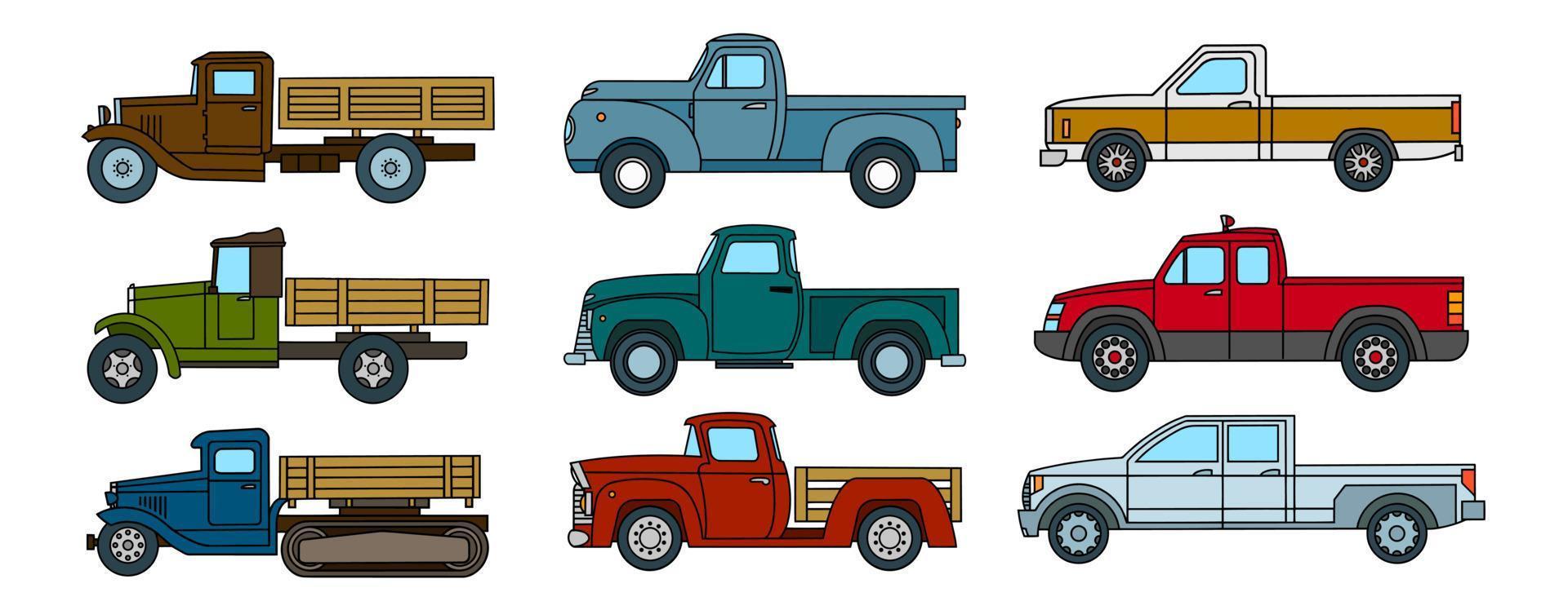reeks van wijnoogst vrachtwagens in tekenfilm stijl. vector illustratie