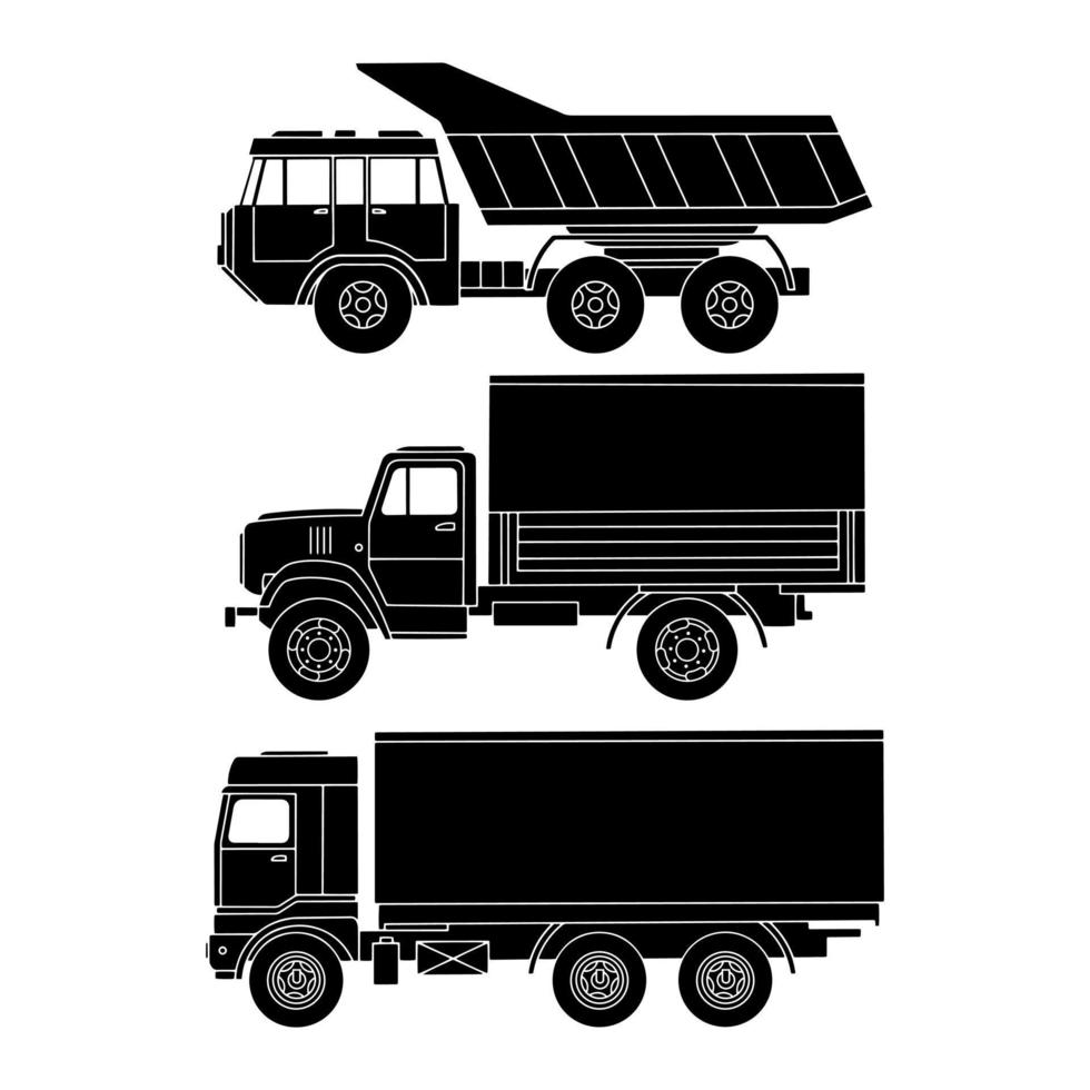 vrachtauto kant visie set. zwart gedetailleerd silhouetten. vector illustratie