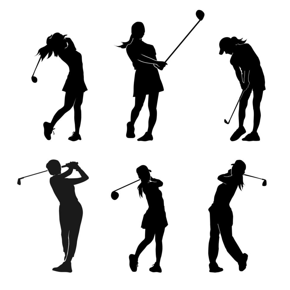 verzameling silhouet van vrouw golf spelers. silhouet reeks van Dames golf atleten in divers actie houding. vector