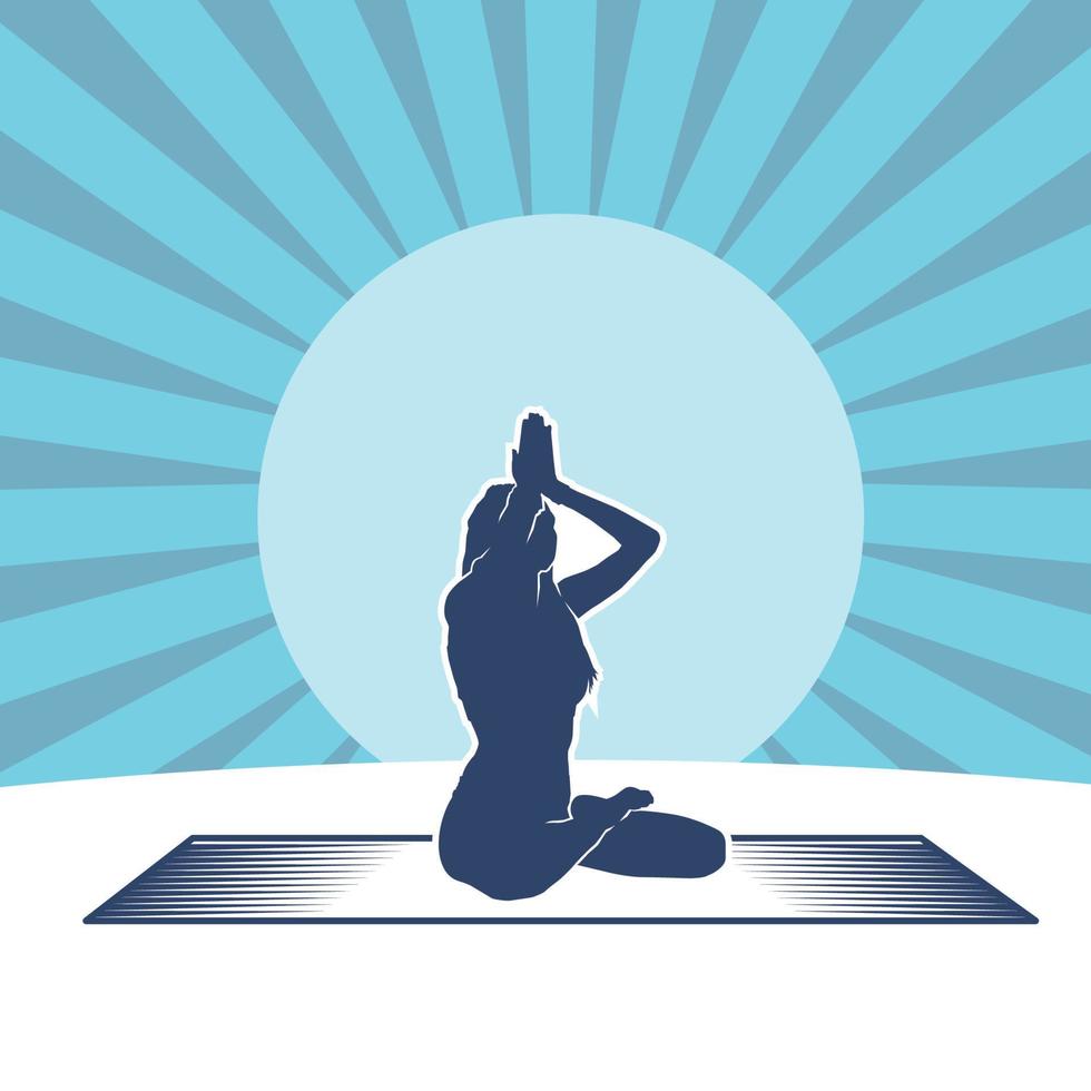 silhouet van een vrouw in een yoga houding Aan zonnestraal achtergrond. vector