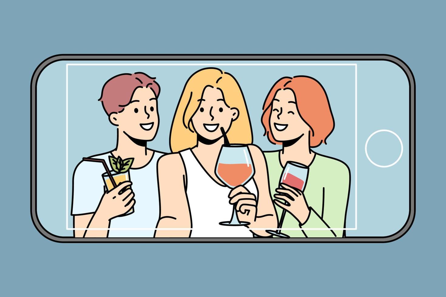 gelukkig verschillend mensen drinken cocktails maken selfie Aan mobiele telefoon. glimlachen vrienden genieten viering nemen zelfportret afbeelding Aan smartphone. vector illustratie.