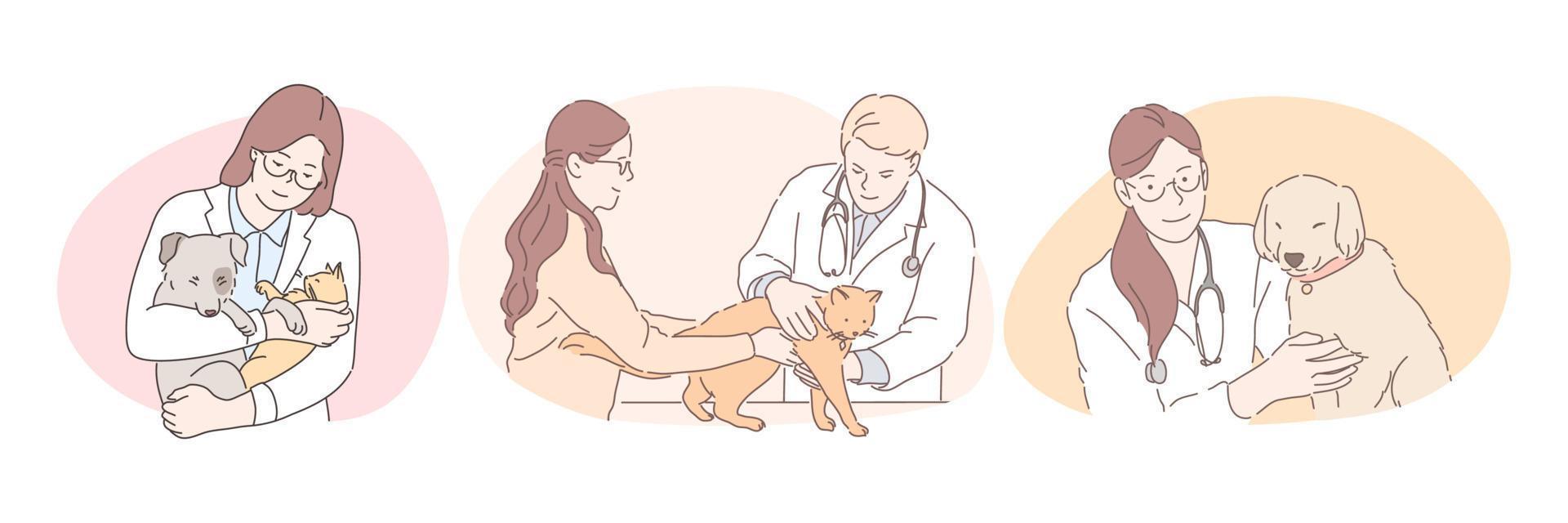 professioneel dierenarts met huisdieren gedurende werk concept. jong zelfverzekerd Mens en Dames artsen dierenartsen in wit uniform onderzoeken en genezen honden en katten in medisch kliniek kantoren vector