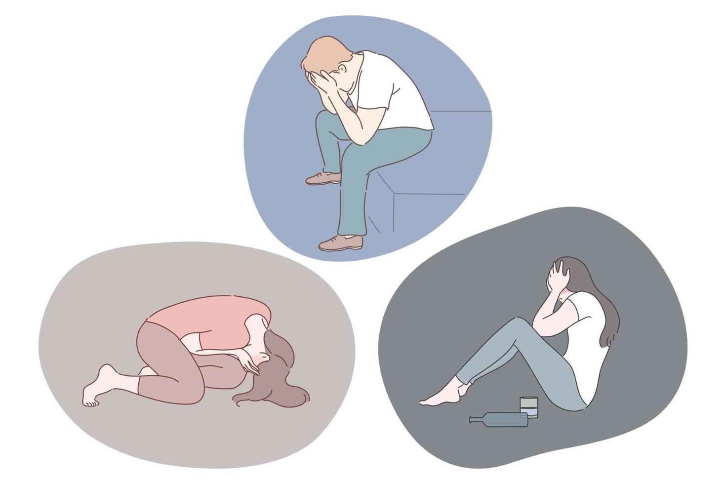 droefheid, mentaal depressie, rouw concept. jong ongelukkig depressief mensen aan het bedekken gezichten met handen en lijden van slecht nieuws en depressie met gedachten na negatief evenementen illustratie vector