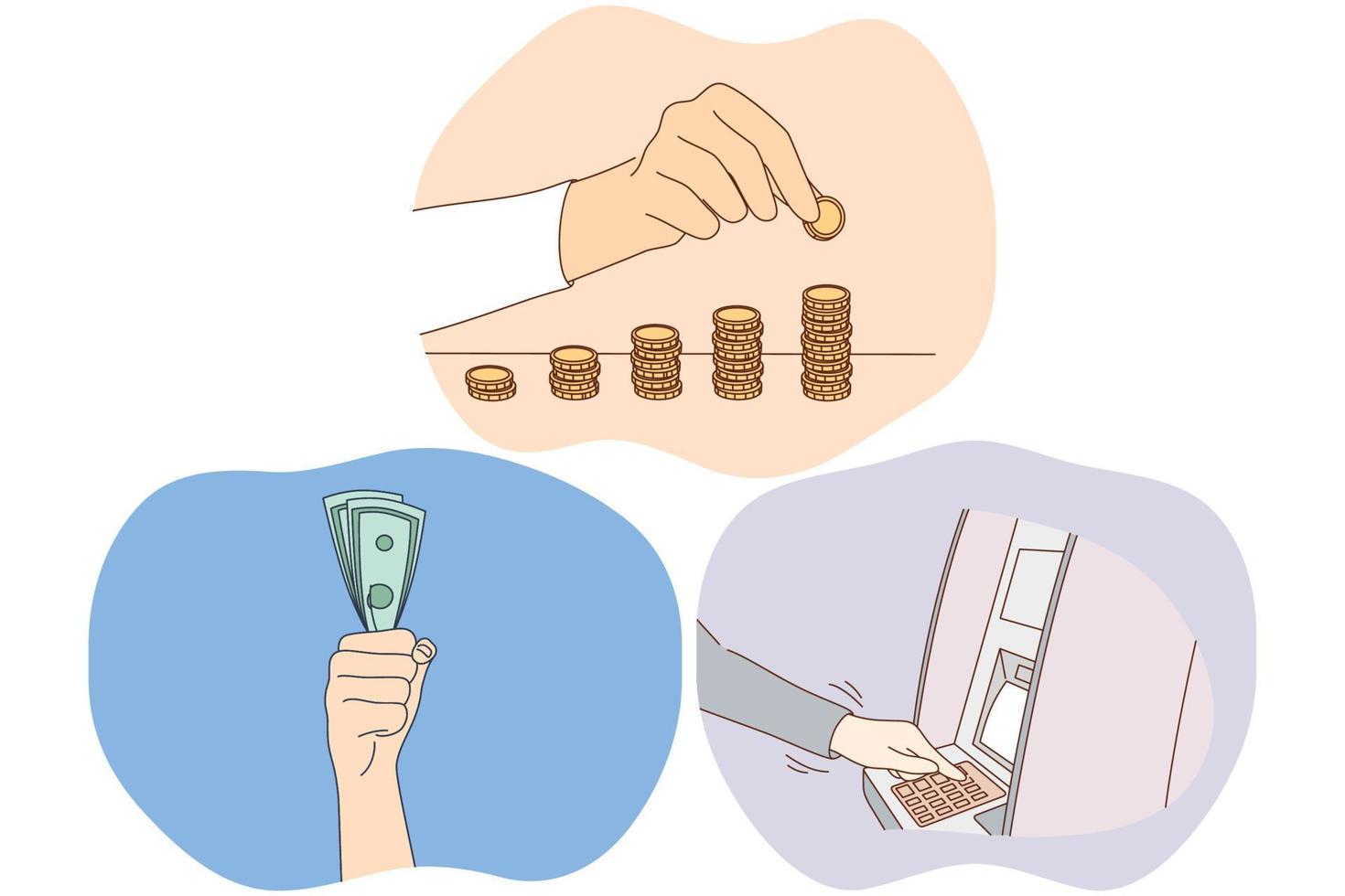 geld besparingen, verdienen financieel rijkdom concept. handen van mensen maken stapels van gouden munten, Holding hoop van contant geld, maken opname Aan Geldautomaat machine. financiën, betaling, credit, investeren illustratie vector