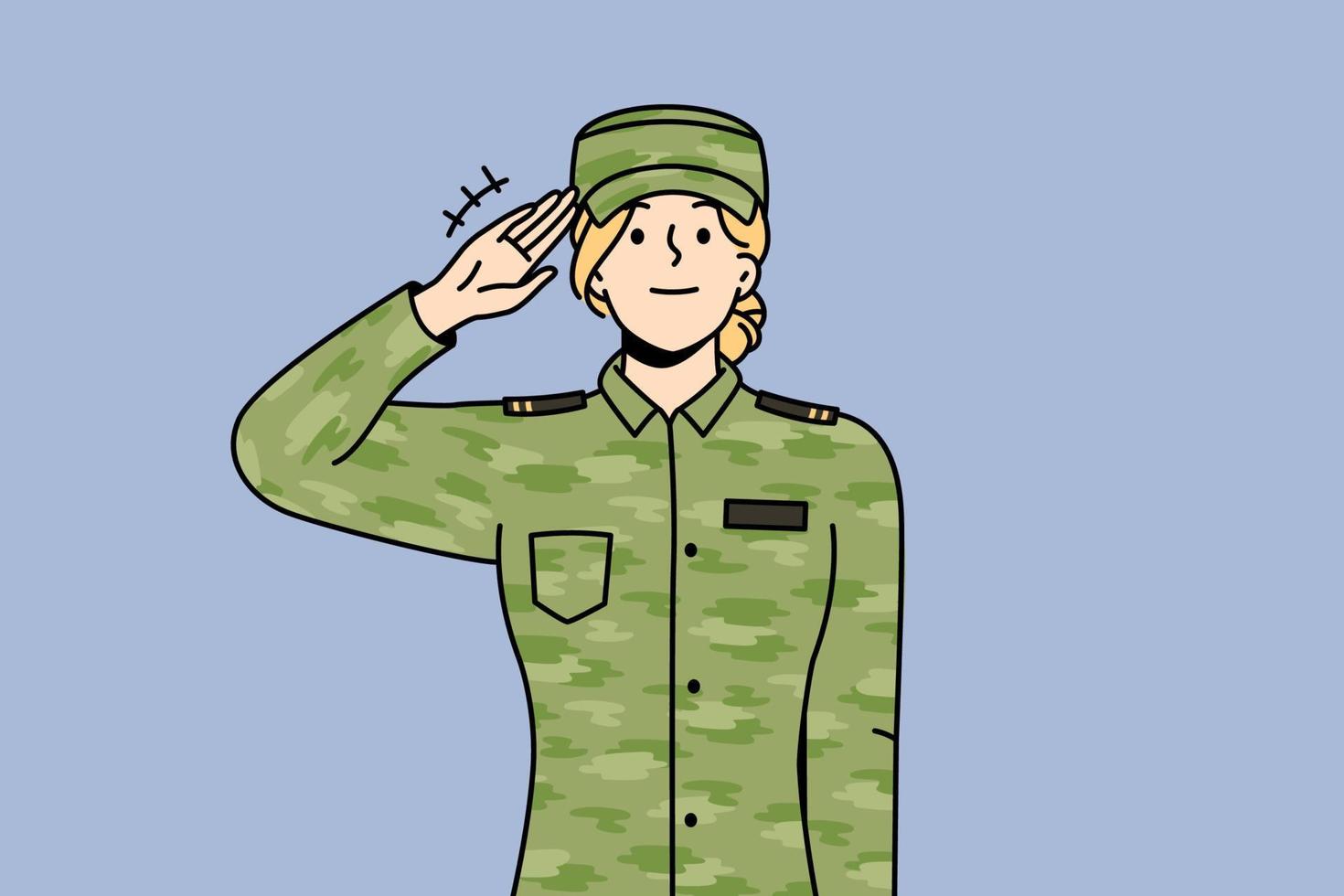 vrouw soldaat in khaki uniform groetend. vrouw portie in leger maken hand- gebaar tonen respect en groet. leger onderhoud concept. vector illustratie.