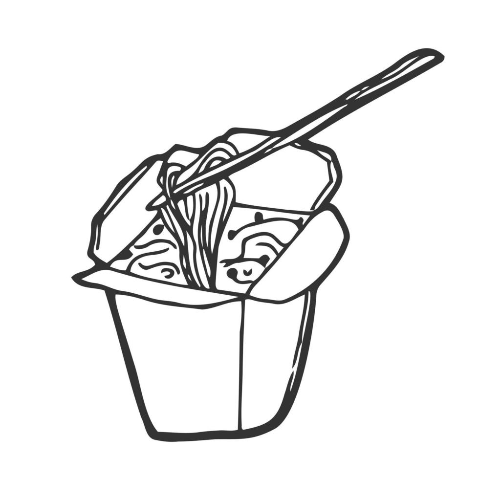 wok doos. hand- getrokken vector illustratie met wok doos en afwijkend stralen. gebruikt voor poster, banier, web, t-shirt afdrukken, zak afdrukken, insignes, folder, logo ontwerp en meer.