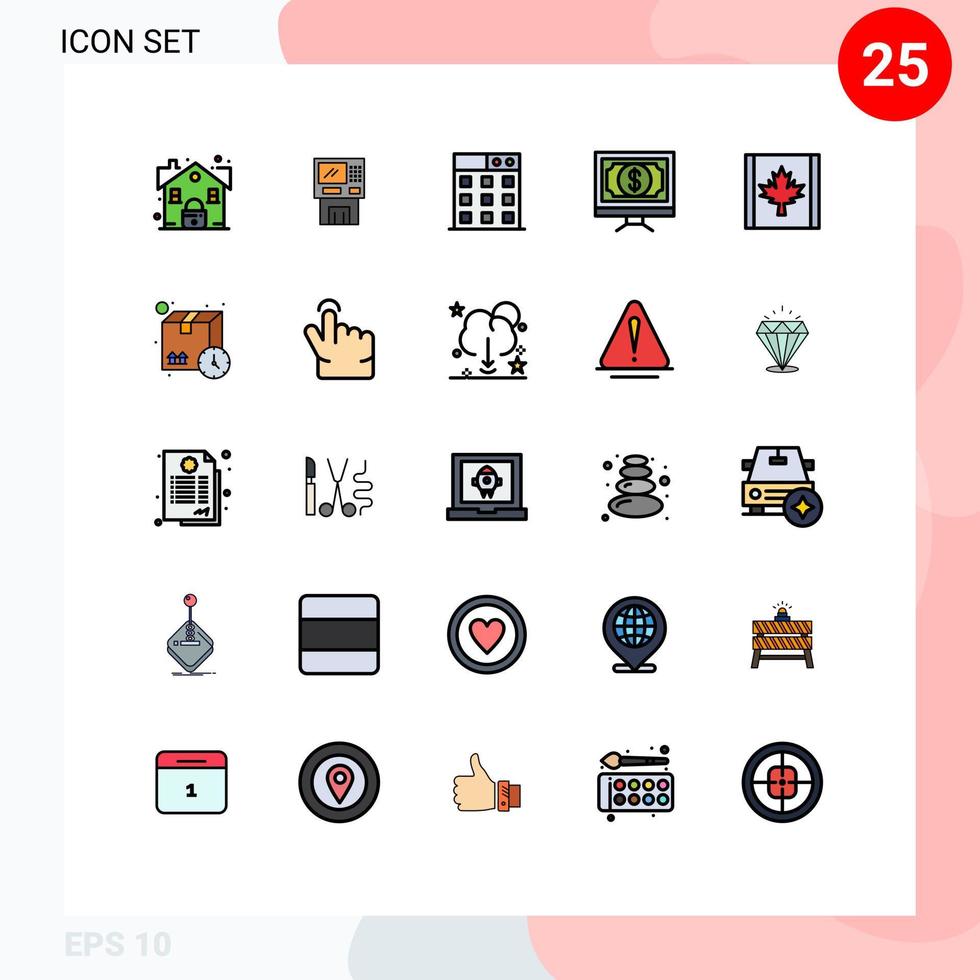 mobiel koppel gevulde lijn vlak kleur reeks van 25 pictogrammen van financiën bank dispenser technologie bedrijf bewerkbare vector ontwerp elementen