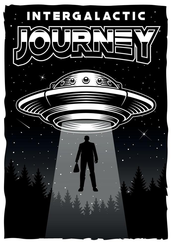 zwart en wit wijnoogst ufo themed poster met vliegend schotel illustratie. vector