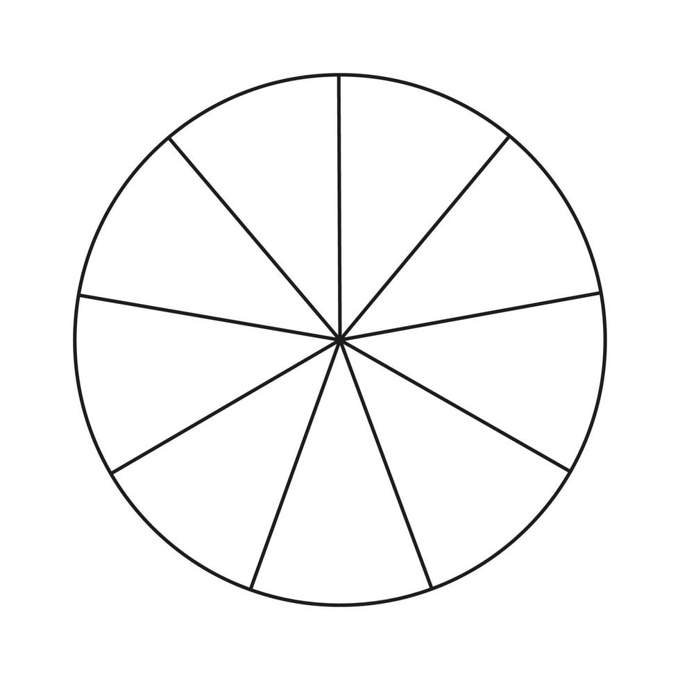 cirkel verdeeld in 9 segmenten. pizza of taart ronde vorm besnoeiing in Gelijk plakjes. schets stijl. gemakkelijk grafiek. vector