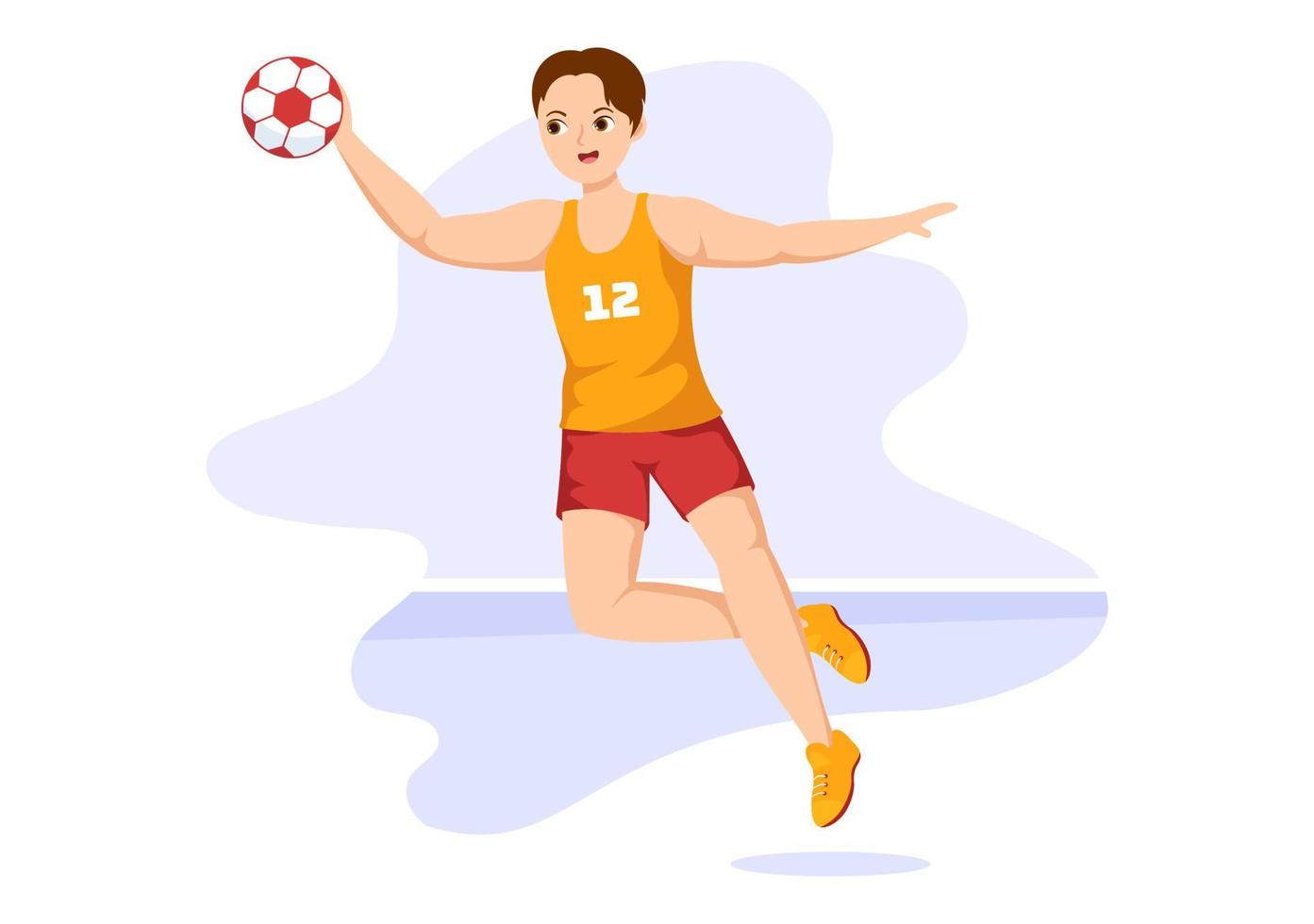 handbal illustratie van een speler aanraken de bal met zijn hand- en scoren een doel in een sport- wedstrijd vlak tekenfilm hand- tekening sjabloon vector