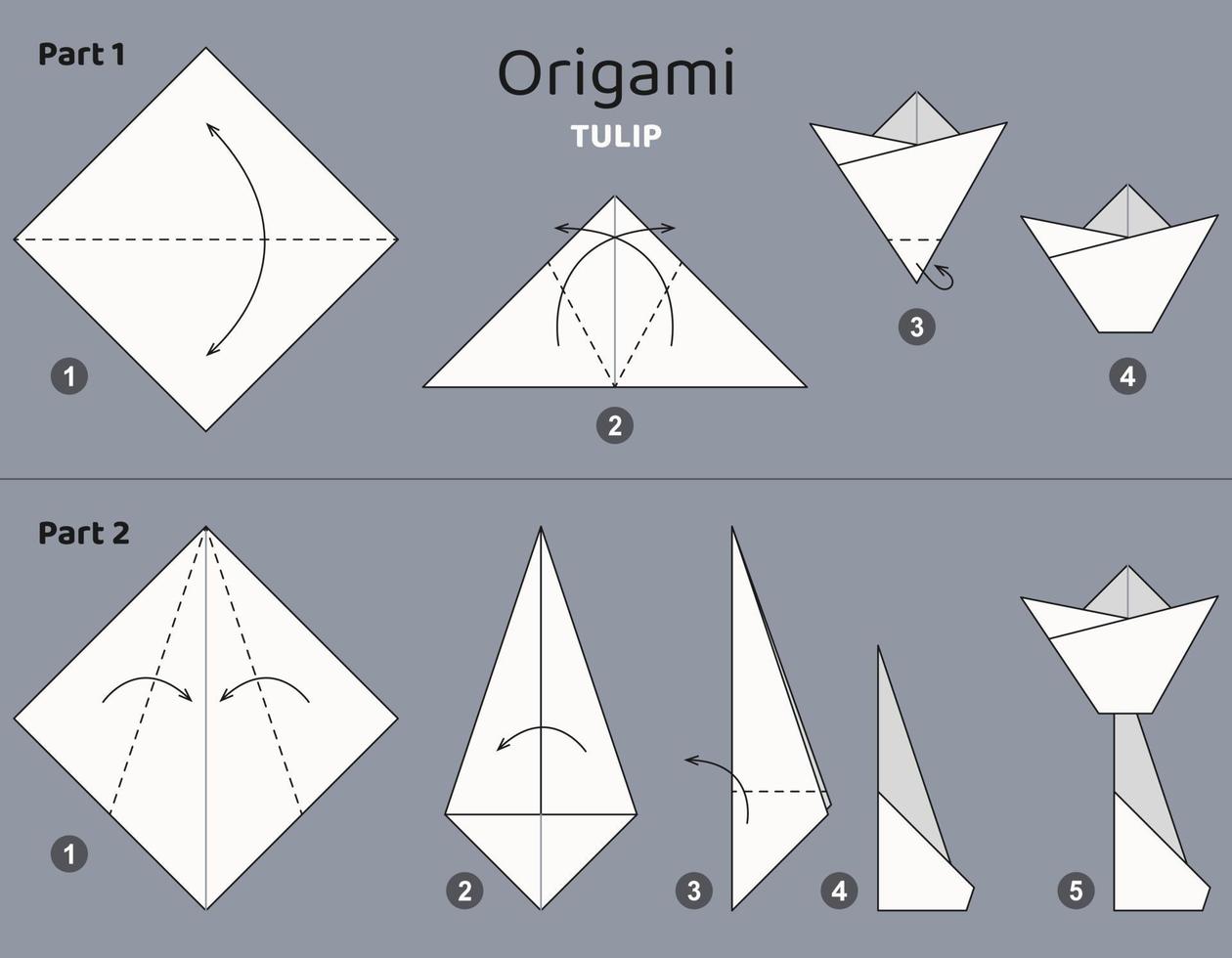 zelfstudie tulp origami regeling. geïsoleerd origami elementen Aan grijs achtergrond. origami voor kinderen. stap door stap hoe naar maken origami bloem. vector illustratie.