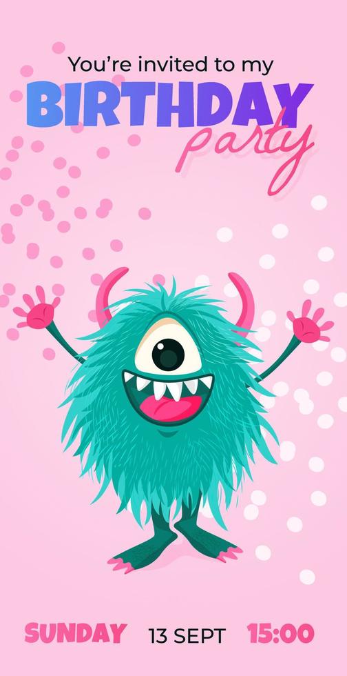 uitnodiging kaart naar verjaardag partij sjabloon met schattig tekenfilm monster. uitnodiging voor kinderen. vector illustratie