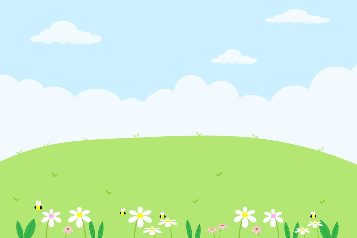 vector van voorjaar in naturel, blauw lucht landschap, weide Aan heuvels met bloemen groen fabriek illustratie