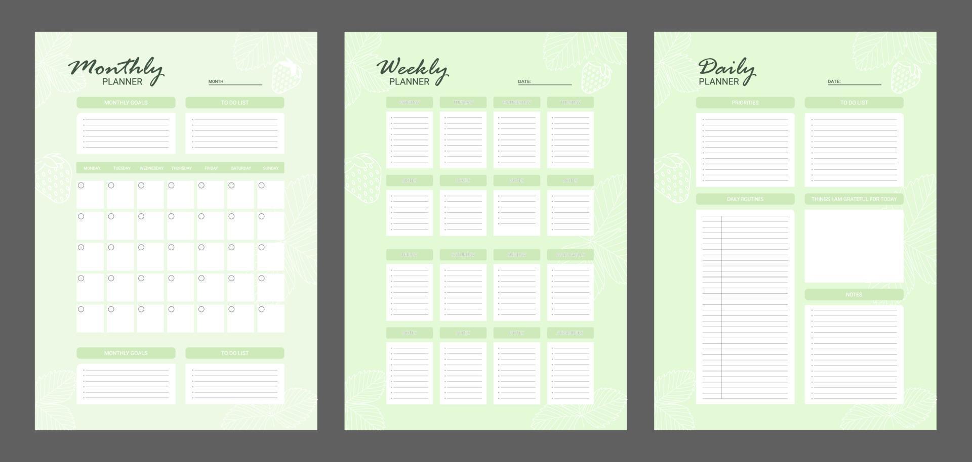 reeks van minimalistische planners. dagelijks, wekelijks, maandelijks ontwerper sjabloon. blanco wit notitieboekje bladzijde geïsoleerd Aan grijs. bedrijf organisator bladzijde. blanco afdrukbare verticaal notitieboekje bladzijde vector