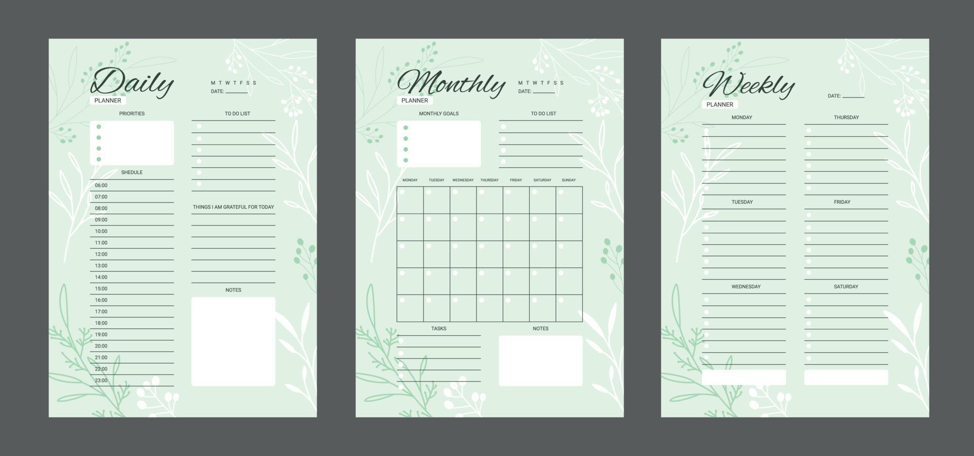 reeks van minimalistische planners. dagelijks, wekelijks, maandelijks ontwerper sjabloon. blanco wit notitieboekje bladzijde geïsoleerd Aan grijs. bedrijf organisator bladzijde. blanco afdrukbare verticaal notitieboekje bladzijde vector