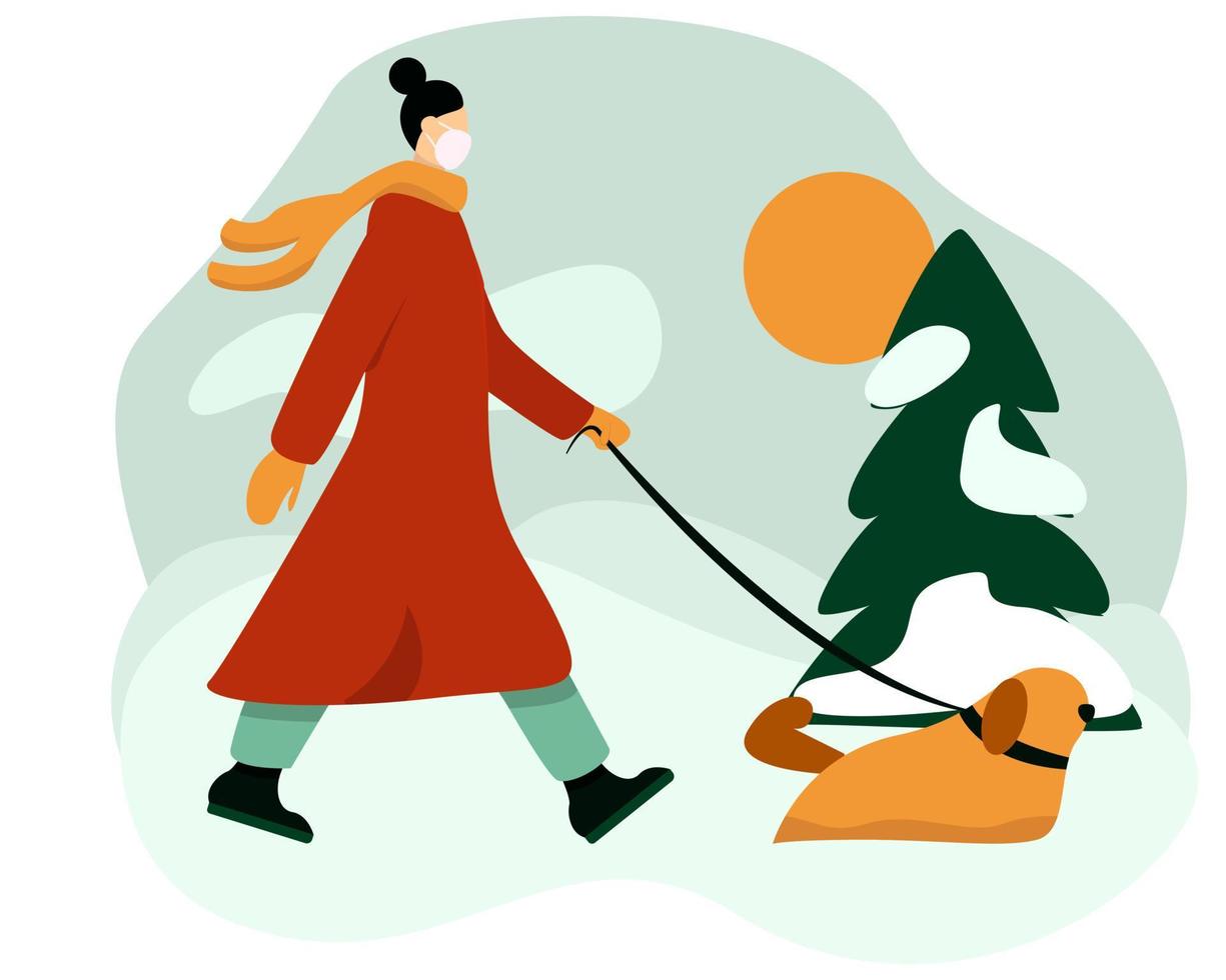 meisje in een masker wandelen hond in besneeuwd winter park geïsoleerd Aan wit. jong vrouw karakter met huiselijk dier buitenshuis in zonnig verkoudheid het weer. vector illustratie in vlak tekenfilm stijl, eps 10