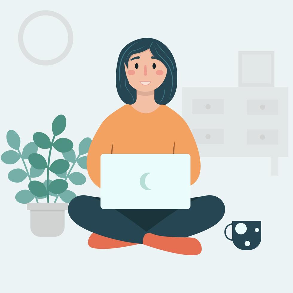 meisje met laptop Aan de bloem. freelance of aan het studeren concept. schattig illustratie in vlak stijl. vector illustratie van freelance werk. gelukkig vrouw werk online, telewerken. eps 10