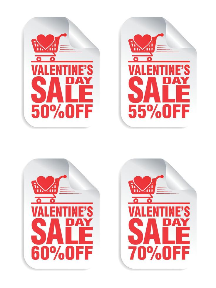 valentijnsdag dag uitverkoop wit stickers reeks met rood tekst, boodschappen doen kar met hart icoon. uitverkoop 50, 55, 60, 70 procent uit vector