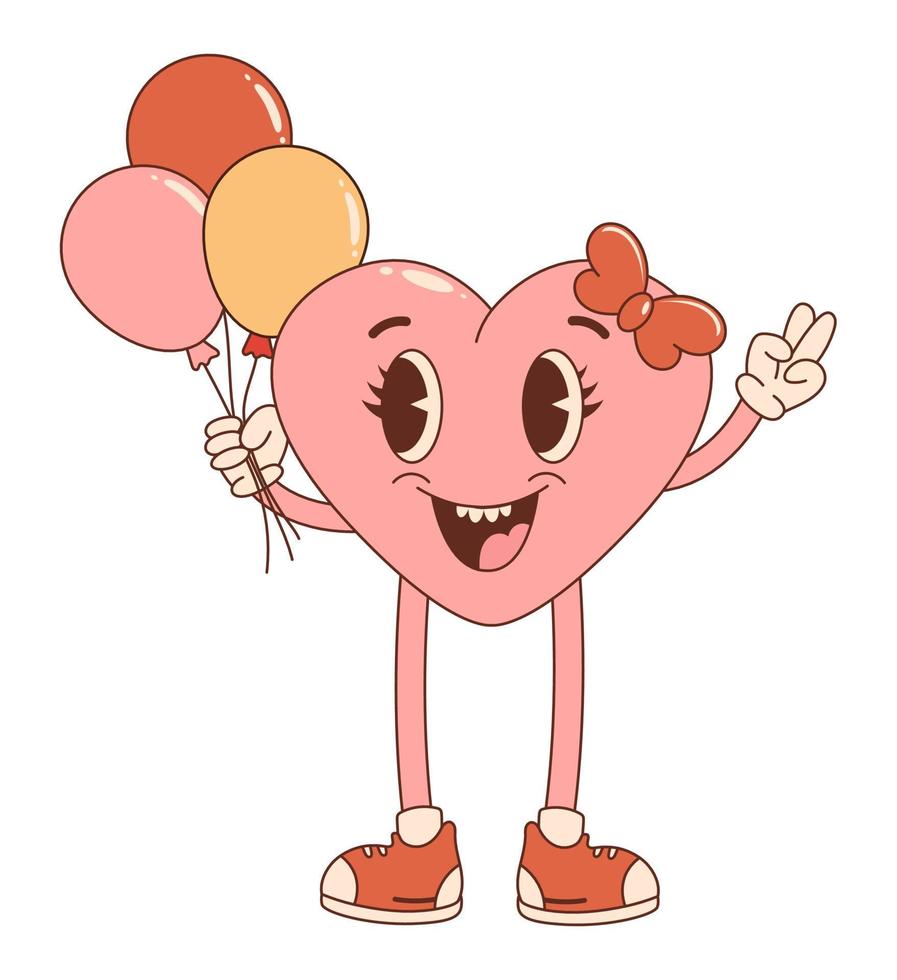 retro groovy tekenfilm karakter. roos hart met helium ballonnen. voor poster, kaart, afdrukken, en itc. jaren 70 gevoel. Valentijn dag. vector