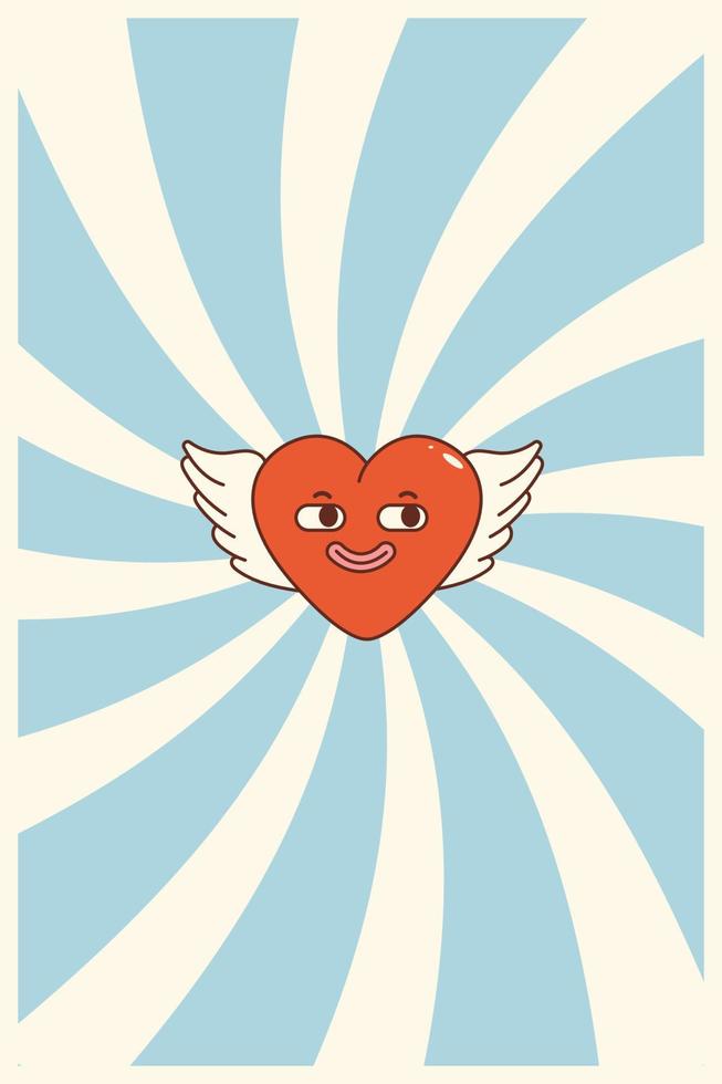retro groovy poster met hart en abstract achtergrond. gelukkig valentijnsdag dag. vector