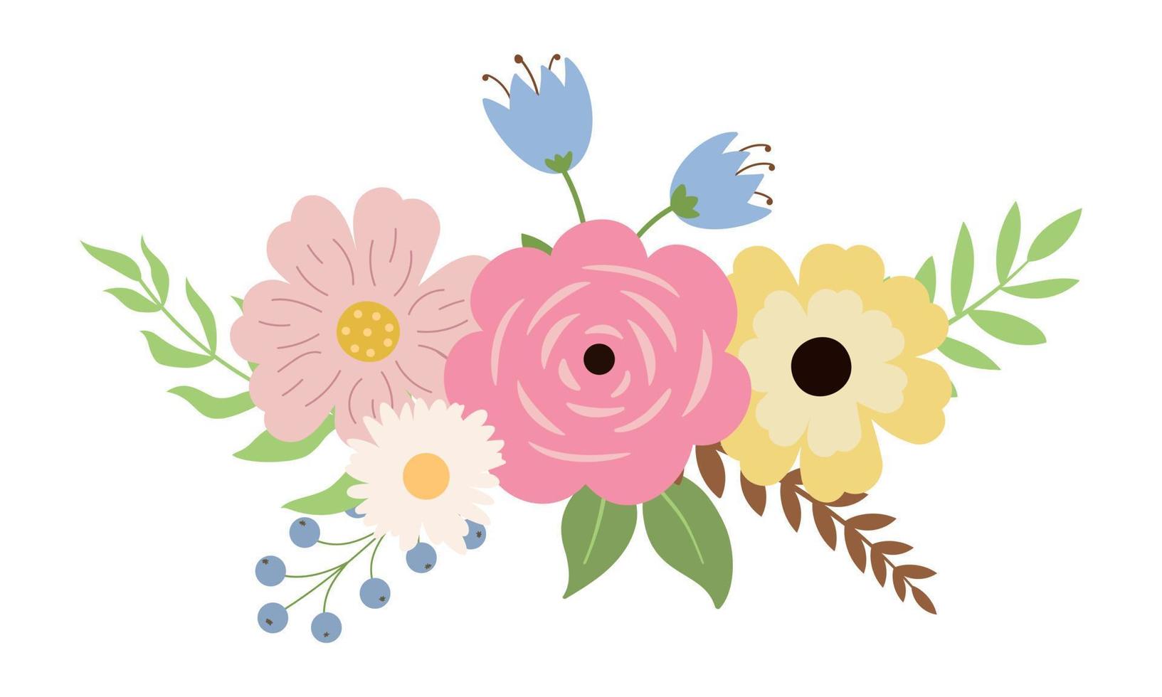 zomer boeket met kleurrijk bloemen, bessen, en bladeren clip art. vector illustratie. geïsoleerd Aan wit achtergrond. ontwerp voor uitnodiging kaart, afdrukken.
