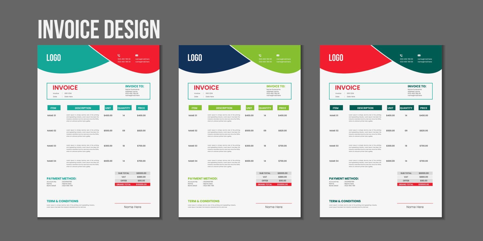 minimaal zakelijke bedrijf meerdere kleur variatie a4 grootte factuur ontwerp sjabloon vector illustratie Bill het formulier prijs factuur, creatief factuur sjabloon vector en bedrijf schrijfbehoeften ontwerp