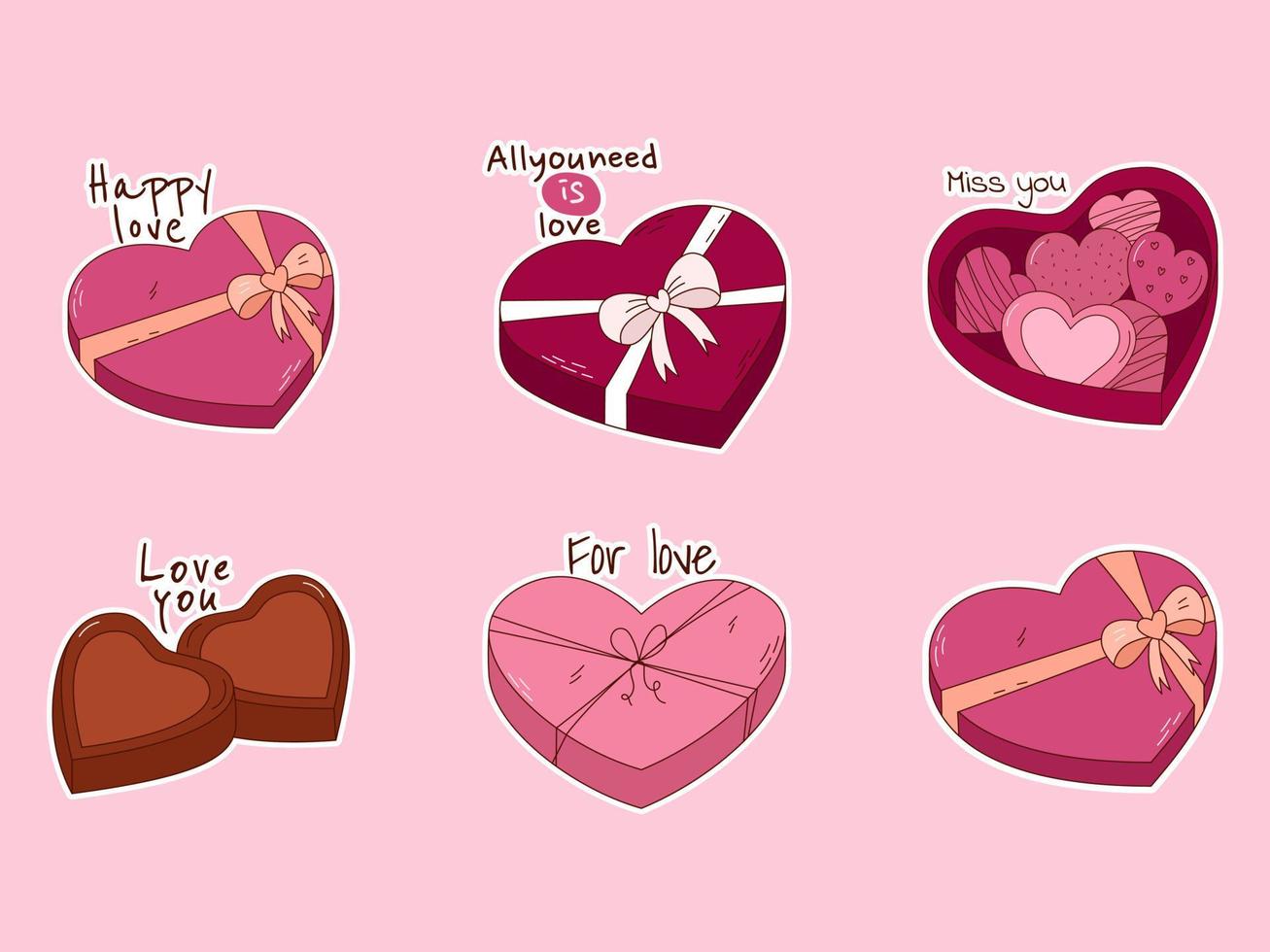 hand- getrokken sticker reeks van chocolaatjes in een doos voor Valentijn dag. ontwerp elementen voor affiches, groet kaarten, banners en uitnodigingen. vector
