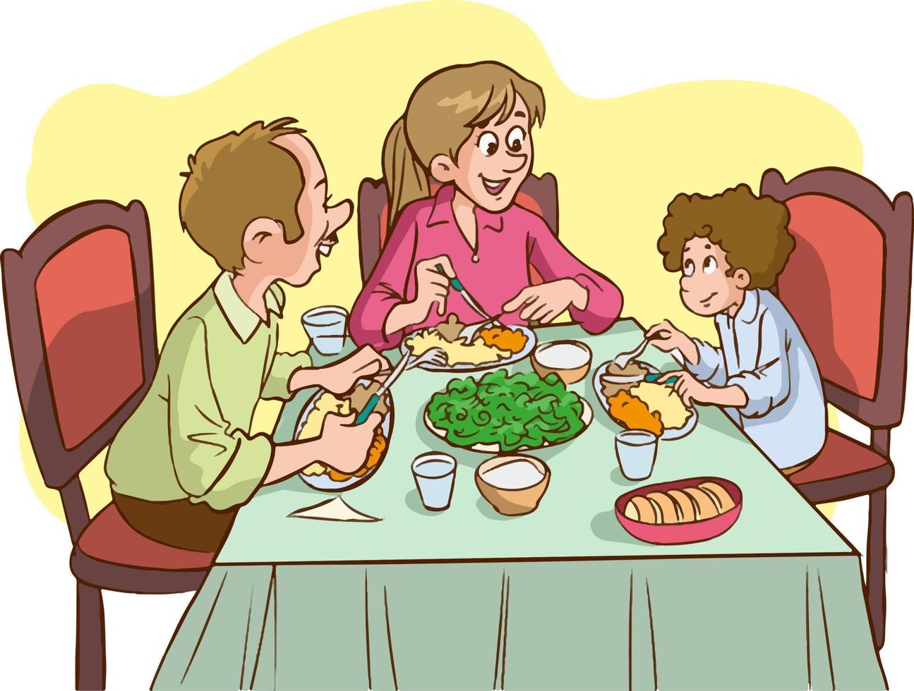 familie maaltijd. vader moeder, zoon en dochter samen zitten Bij de tafel en hebben lunch.cartoon vector illustratie