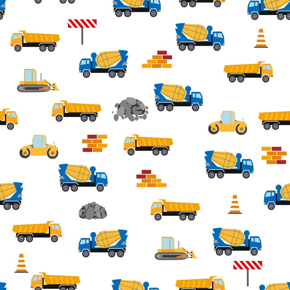 schattig kinderachtig naadloos patroon met geel auto dump vrachtwagen, kraan, beton mixer. bouw plaats illustratie in tekenfilm stijl vector