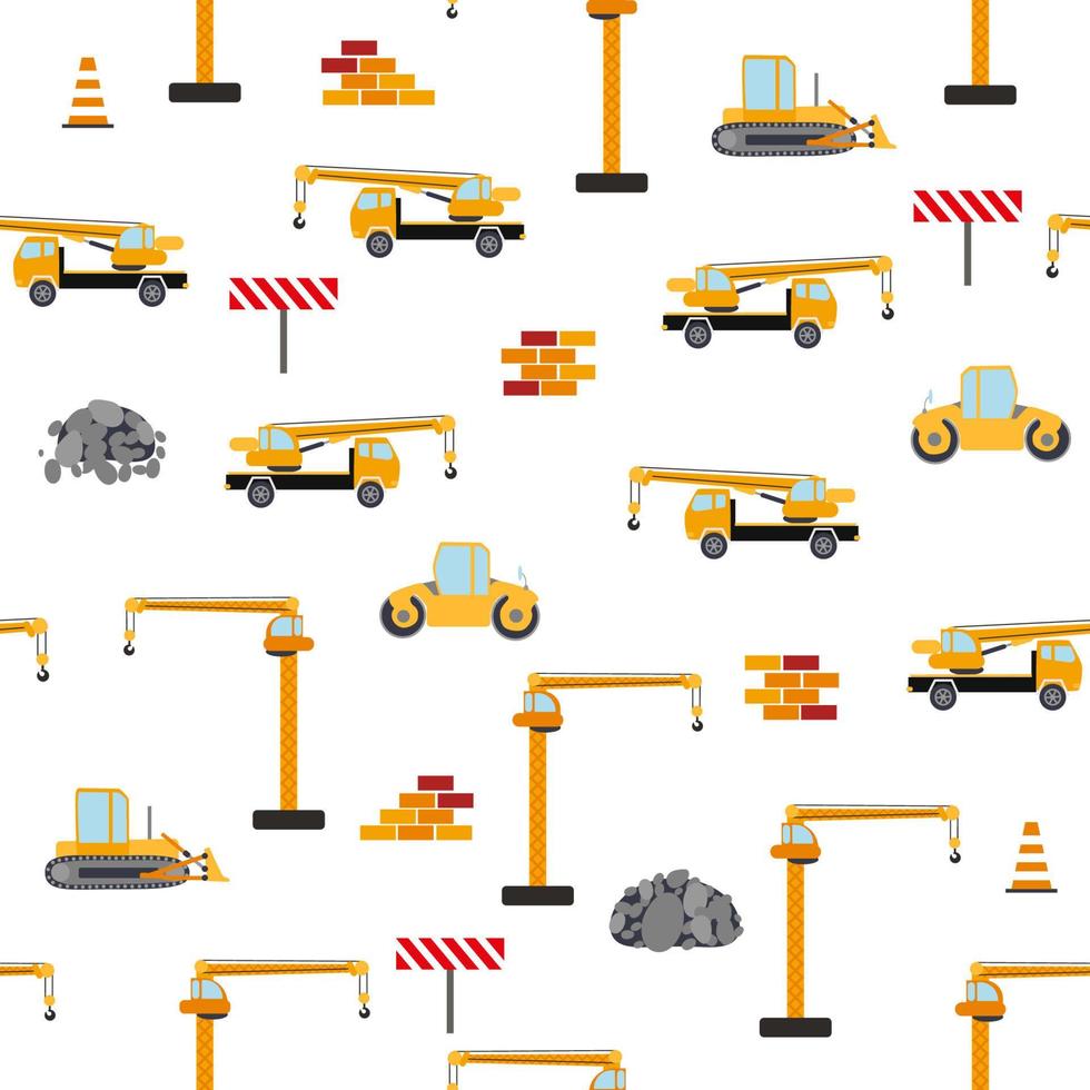 schattig kinderachtig naadloos patroon met geel auto dump vrachtwagen, kraan, beton mixer. bouw plaats illustratie in tekenfilm stijl vector