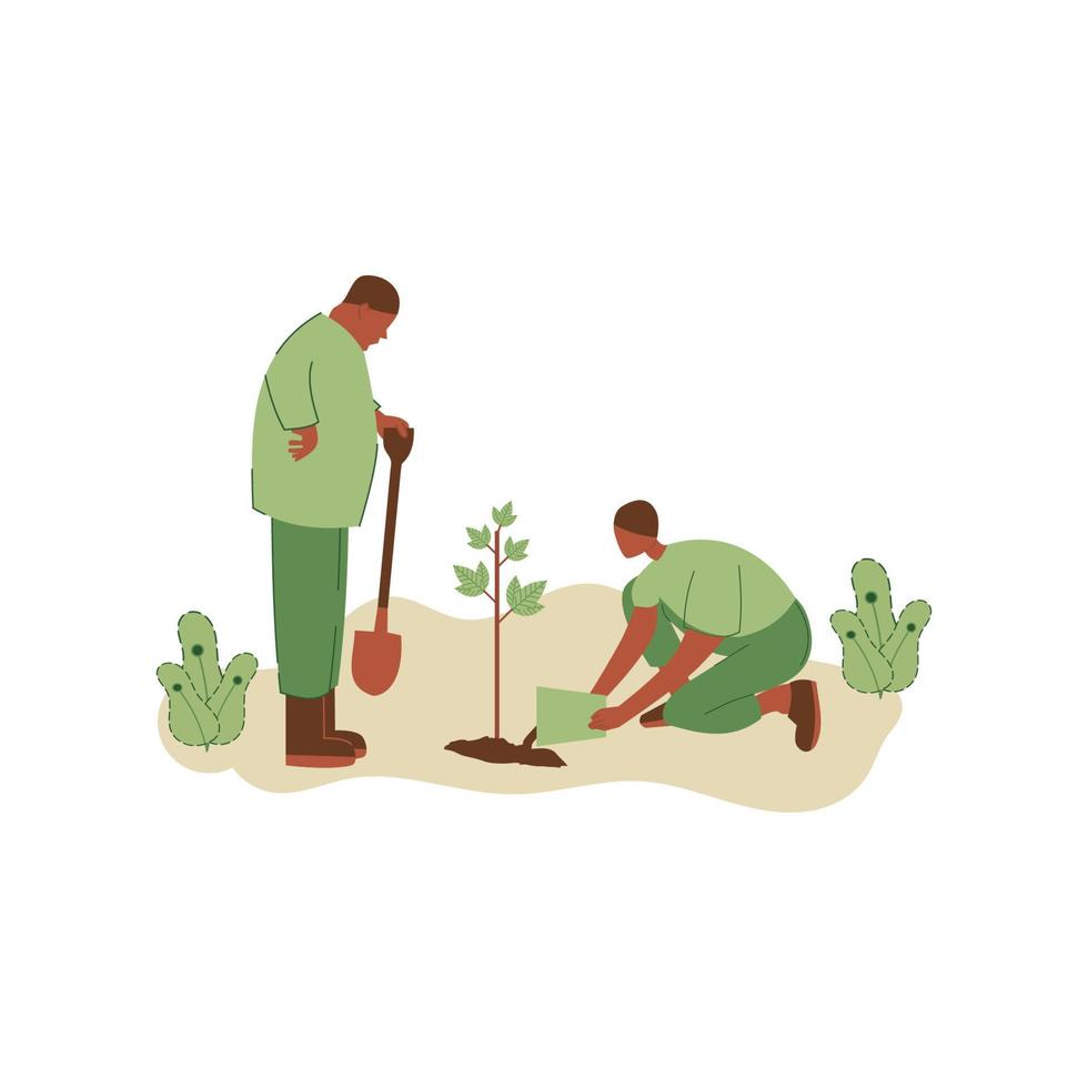vector illustratie van mensen aanplant bomen. concept van besparing de aarde. ecologie vrijwilligerswerk concept. ontwerp voor ecologie activisme
