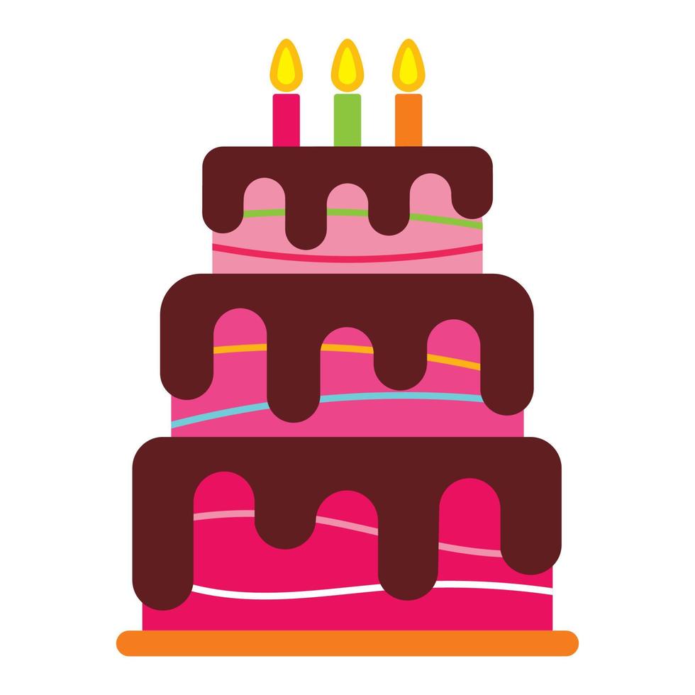 zoet verjaardag taart met drie brandend kaarsen. kleurrijk vakantie nagerecht. vector viering achtergrond.