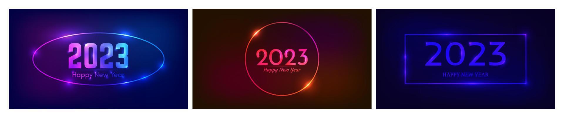 2023 gelukkig nieuw jaar neon achtergrond. reeks van drie neon achtergronden met verschillend meetkundig kaders met schijnend Effecten en opschrift gelukkig nieuw jaar. donker achtergrond voor Kerstmis vector