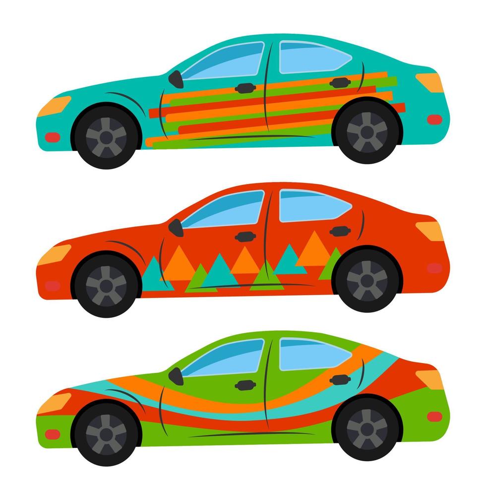 een reeks van drie auto's geschilderd in verschillend kleuren. vector illustratie