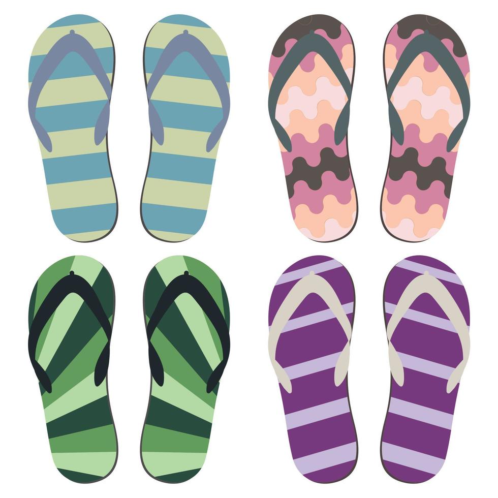 reeks van strand slippers. kleurrijk zomer omdraaien flops over- wit achtergrond vector