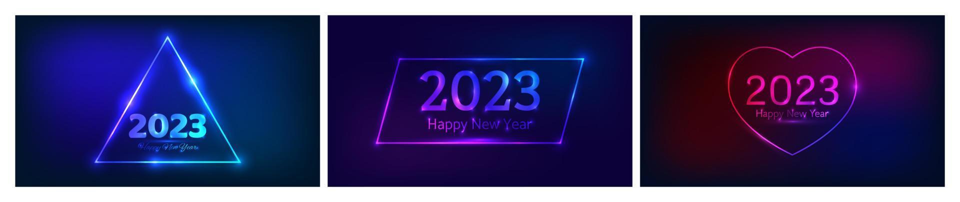 2023 gelukkig nieuw jaar neon achtergrond. reeks van drie neon achtergronden met verschillend meetkundig kaders met schijnend Effecten en opschrift gelukkig nieuw jaar. donker achtergrond voor Kerstmis vector