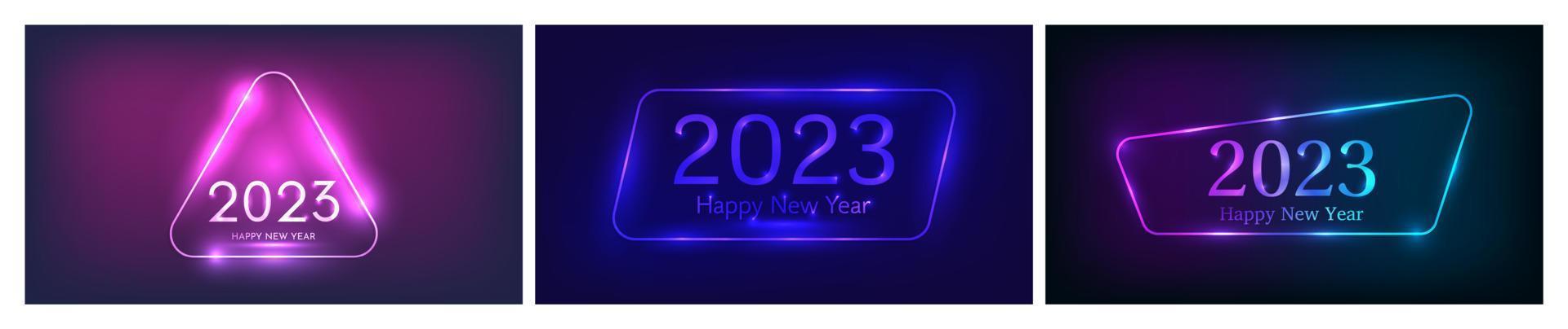 2023 gelukkig nieuw jaar neon achtergrond. reeks van drie neon achtergronden met verschillend meetkundig kaders met schijnend Effecten en opschrift gelukkig nieuw jaar. donker achtergrond voor Kerstmis vector