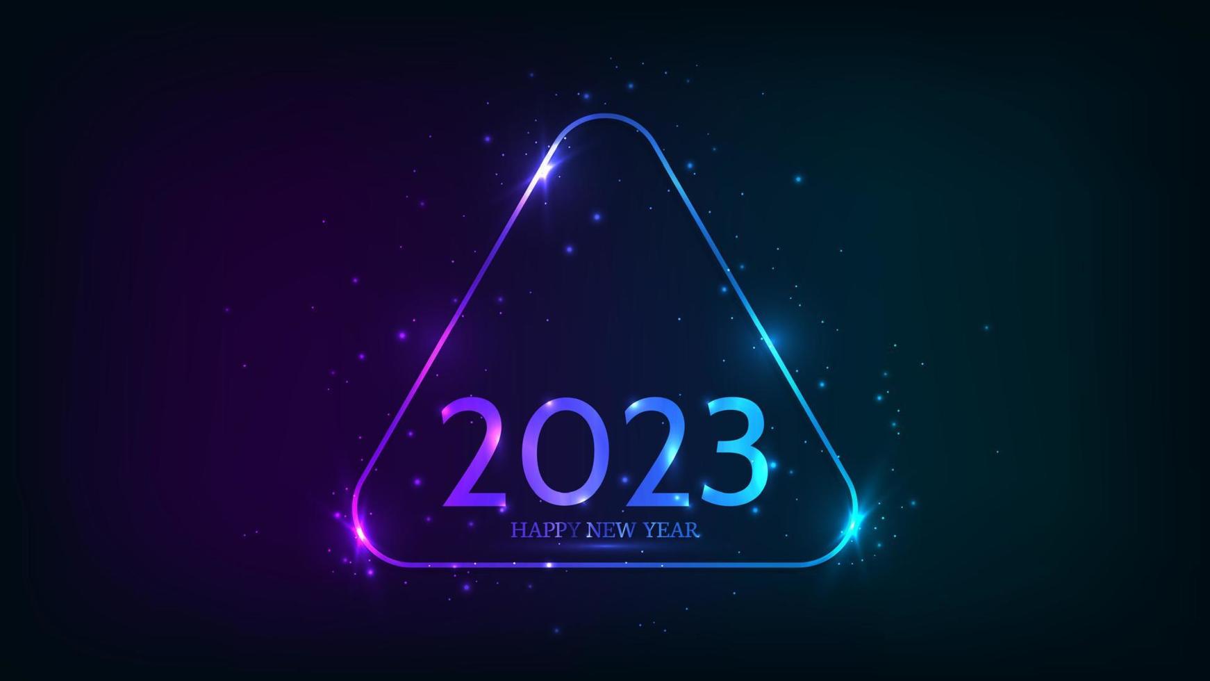 2023 gelukkig nieuw jaar neon achtergrond. neon afgeronde driehoek kader met schijnend Effecten en sparkles voor Kerstmis vakantie groet kaart, flyers of affiches. vector illustratie