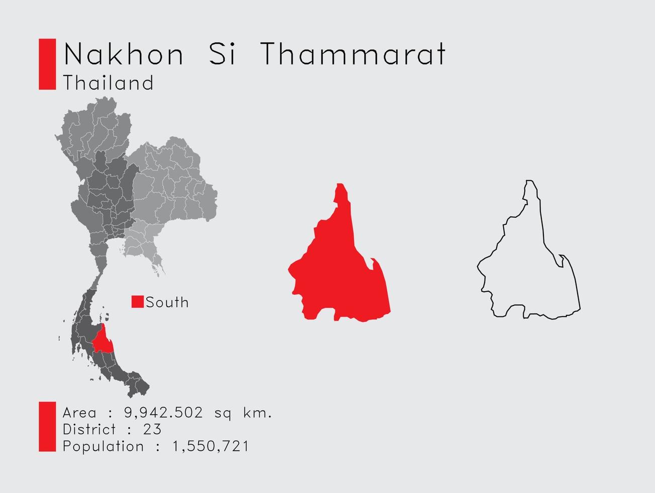 Nakhon si thammarat positie in Thailand een reeks van infographic elementen voor de provincie. en Oppervlakte wijk bevolking en schets. vector met grijs achtergrond.