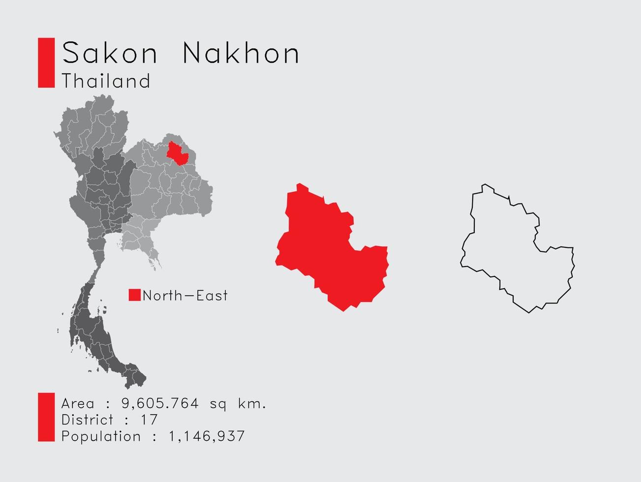 Sakon Nakhon positie in Thailand een reeks van infographic elementen voor de provincie. en Oppervlakte wijk bevolking en schets. vector met grijs achtergrond.