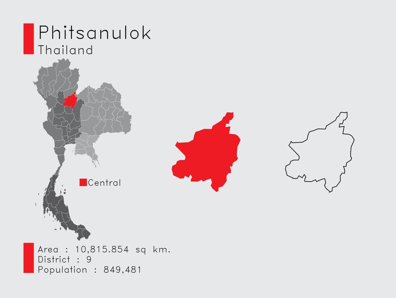 phitsanulok positie in Thailand een reeks van infographic elementen voor de provincie. en Oppervlakte wijk bevolking en schets. vector met grijs achtergrond.