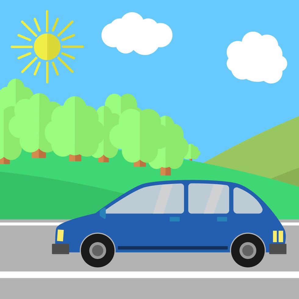 blauw sport nut voertuig Aan een weg Aan een zonnig dag. zomer reizen illustratie. auto over- landschap. vector