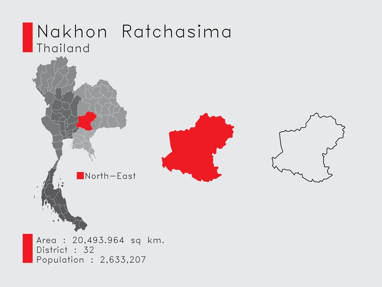 Nakhon ratchasima positie in Thailand een reeks van infographic elementen voor de provincie. en Oppervlakte wijk bevolking en schets. vector met grijs achtergrond.