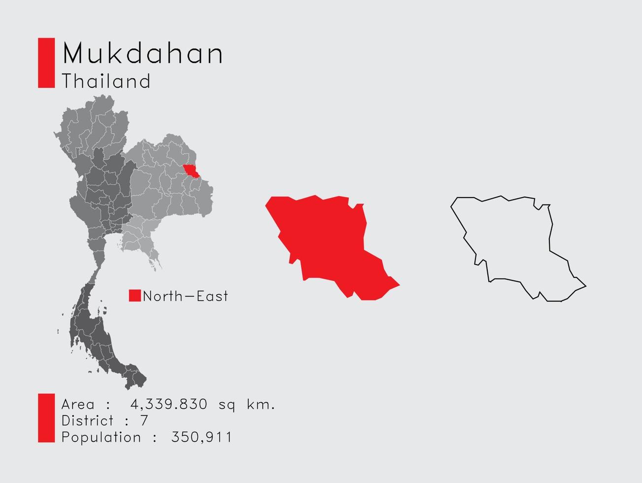 mukdahan positie in Thailand een reeks van infographic elementen voor de provincie. en Oppervlakte wijk bevolking en schets. vector met grijs achtergrond.