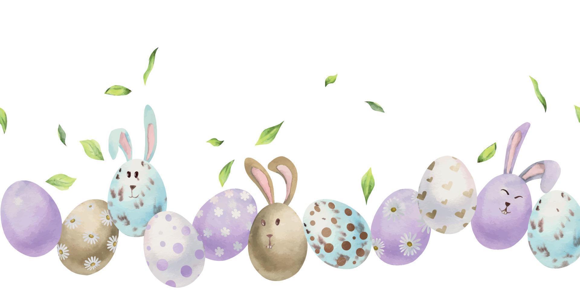 waterverf hand- getrokken Pasen viering clip art. naadloos grens met eieren, konijntjes, bloemen, bladeren en wilg. geïsoleerd Aan wit achtergrond. uitnodigingen, geschenken, groet kaarten, afdrukken, textiel vector