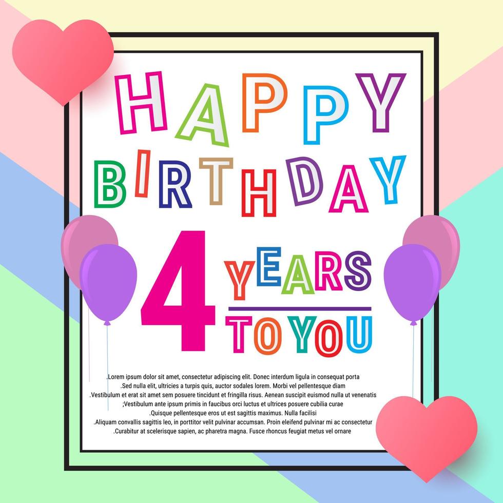 gelukkig verjaardag 4 jaar, verjaardag groet kaart, ballonnen en liefde. schattig kleurrijk schrijven en achtergrond. eps10 vector