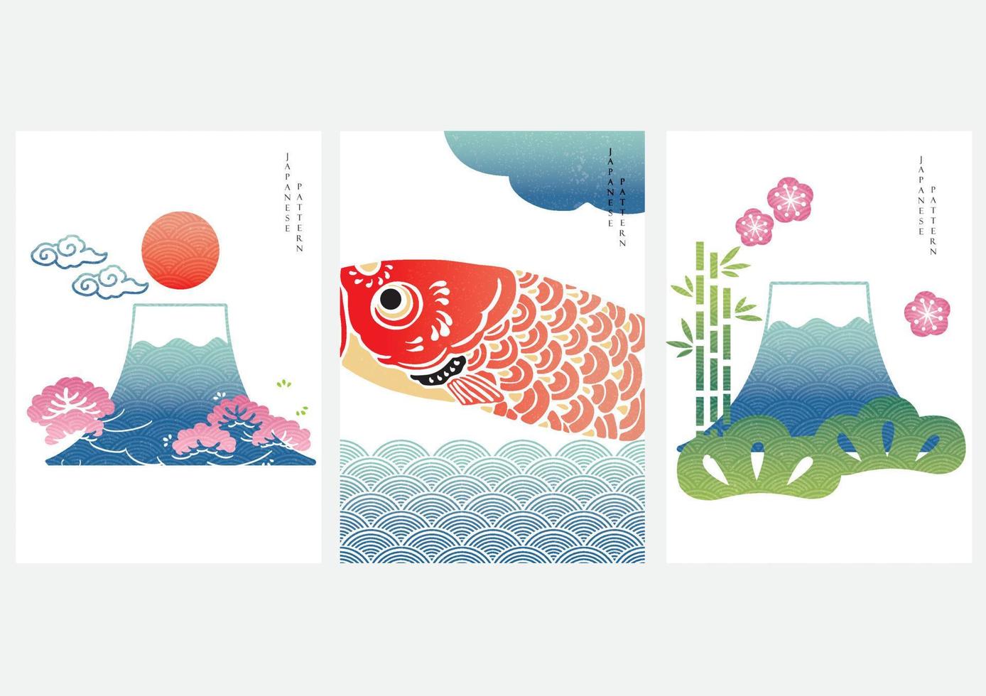 Japans achtergrond met fuji berg en karper vis vector. Aziatisch icoon met kleurrijk meetkundig patroon in wijnoogst stijl. vector